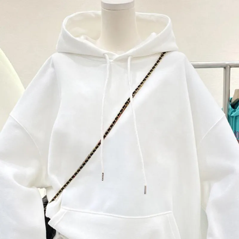 100% Cotton Women Hoodies Loose Pullover Hooded Long Sleeve Black White Ladies Harajuku Sweatshirt Simple Solid Female Tops