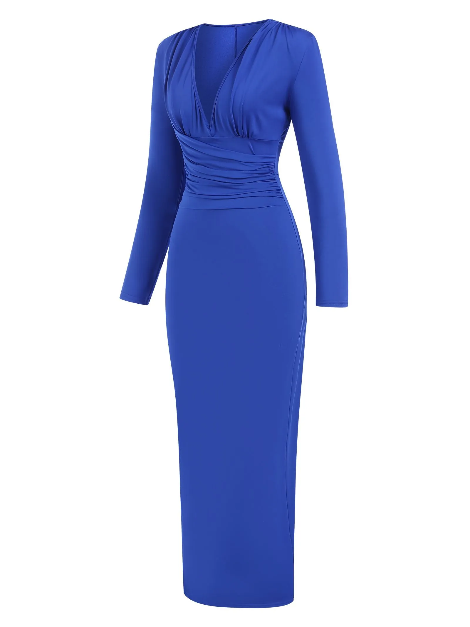 1930s Solid Pleated Waist V-Neck Bodycon Dress