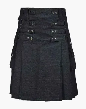 A KILT IN BLACK DENIM WITH A DETACHABLE APRON