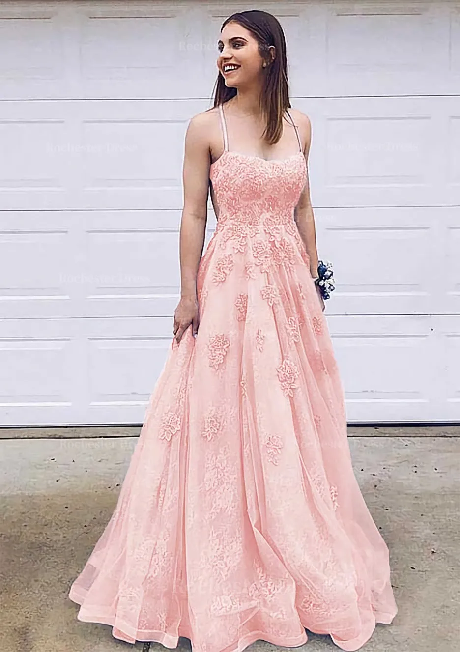 A-line Bateau Court Train Lace Prom Dress With Appliqued