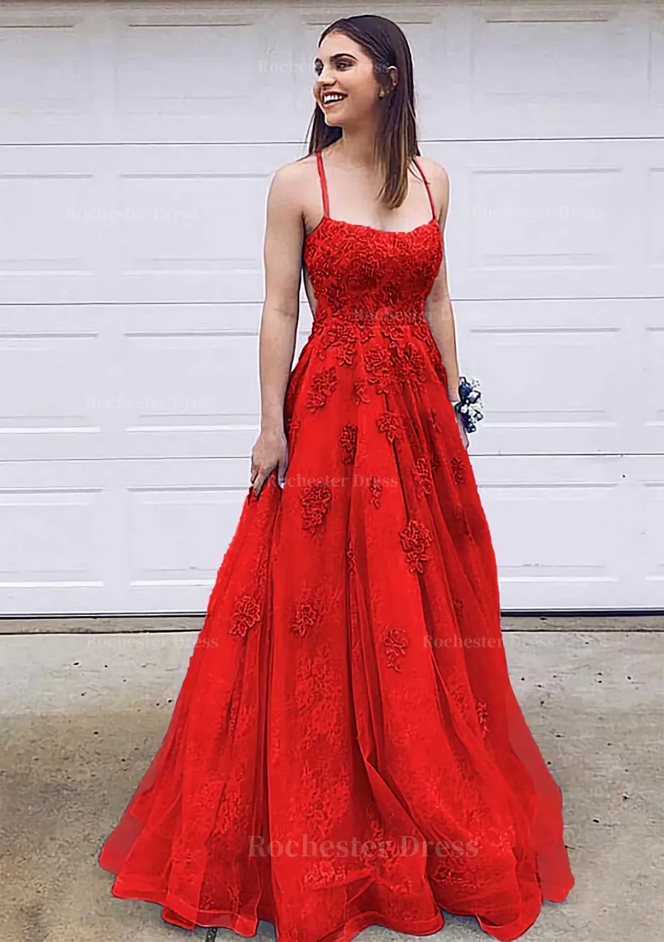 A-line Bateau Court Train Lace Prom Dress With Appliqued