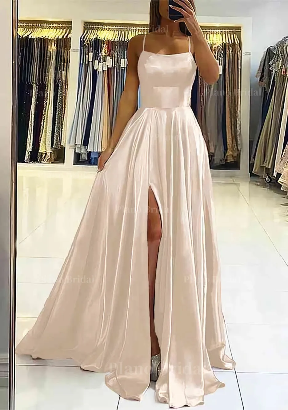 A-line Square Neckline Sleeveless Satin Sweep Train Prom Dress With Pleated