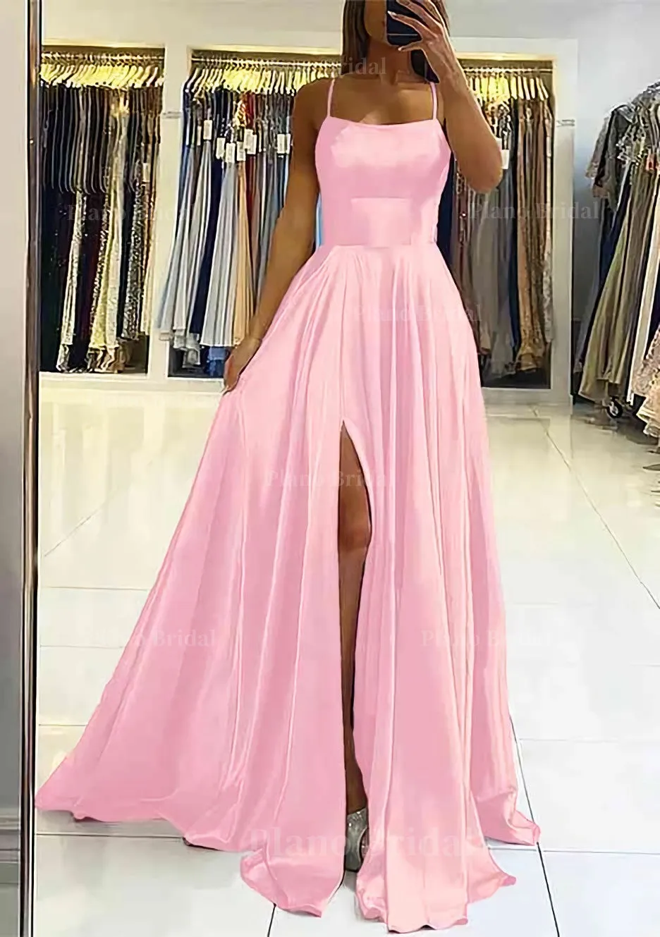 A-line Square Neckline Sleeveless Satin Sweep Train Prom Dress With Pleated