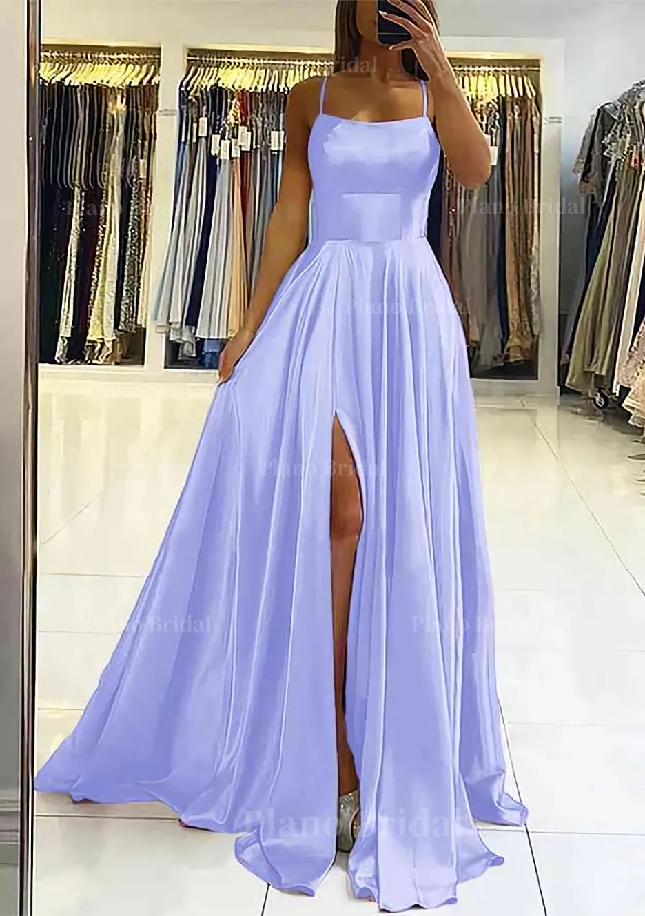 A-line Square Neckline Sleeveless Satin Sweep Train Prom Dress With Pleated