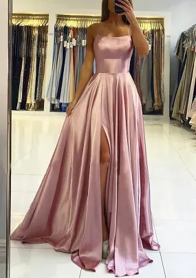 A-line Square Neckline Sleeveless Satin Sweep Train Prom Dress With Pleated