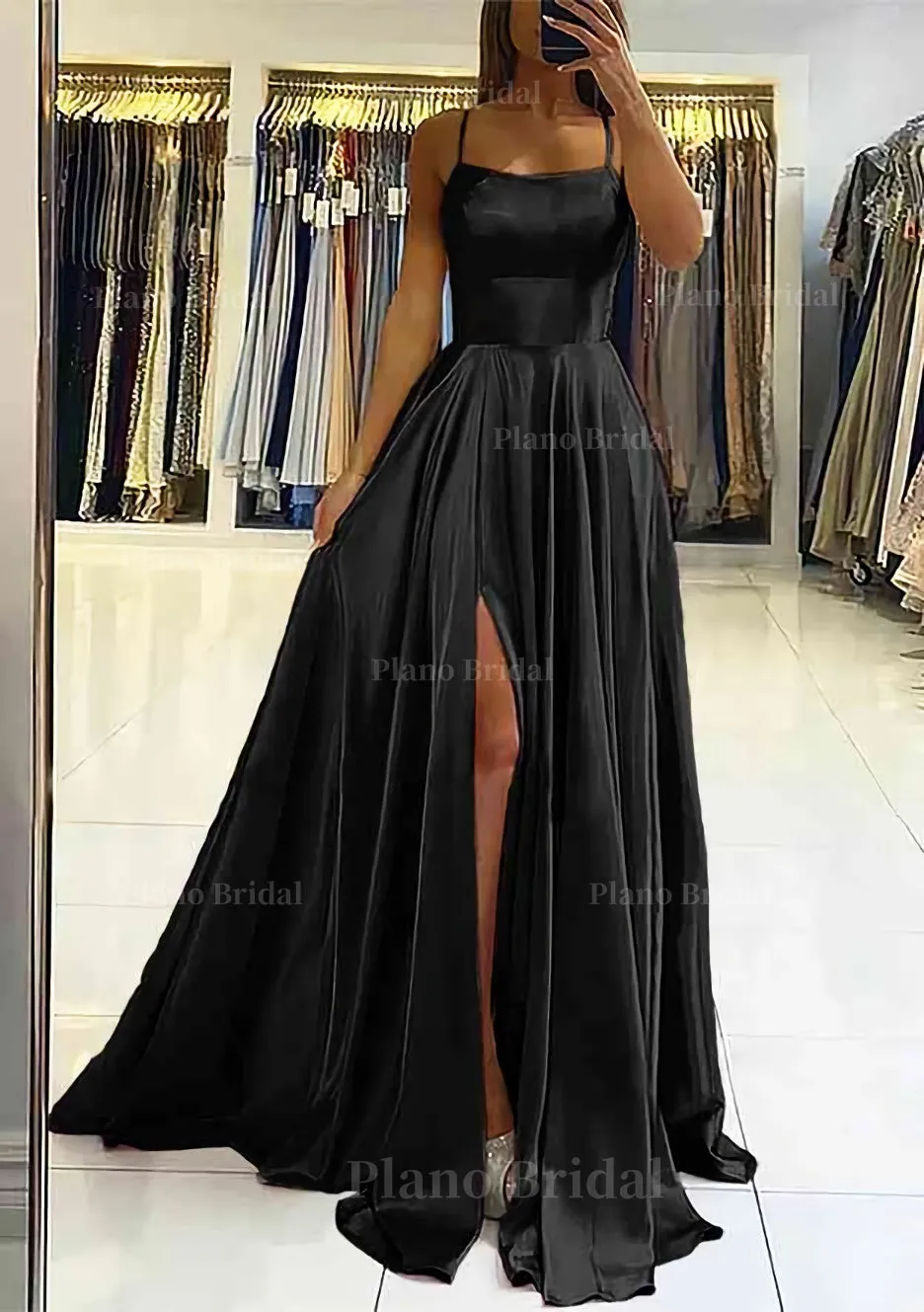 A-line Square Neckline Sleeveless Satin Sweep Train Prom Dress With Pleated