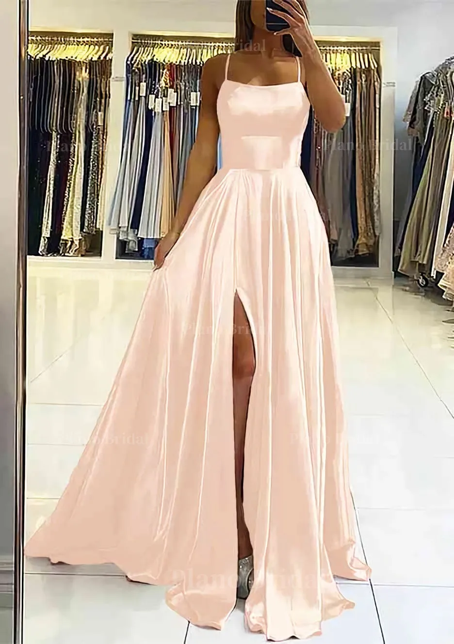 A-line Square Neckline Sleeveless Satin Sweep Train Prom Dress With Pleated