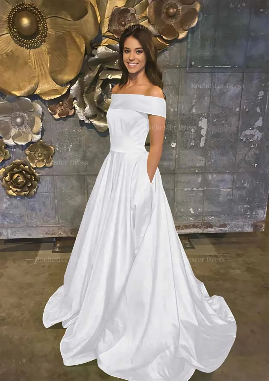 A-line/Princess Off-the-Shoulder Sleeveless Sweep Train Satin Prom Dress With Low Back