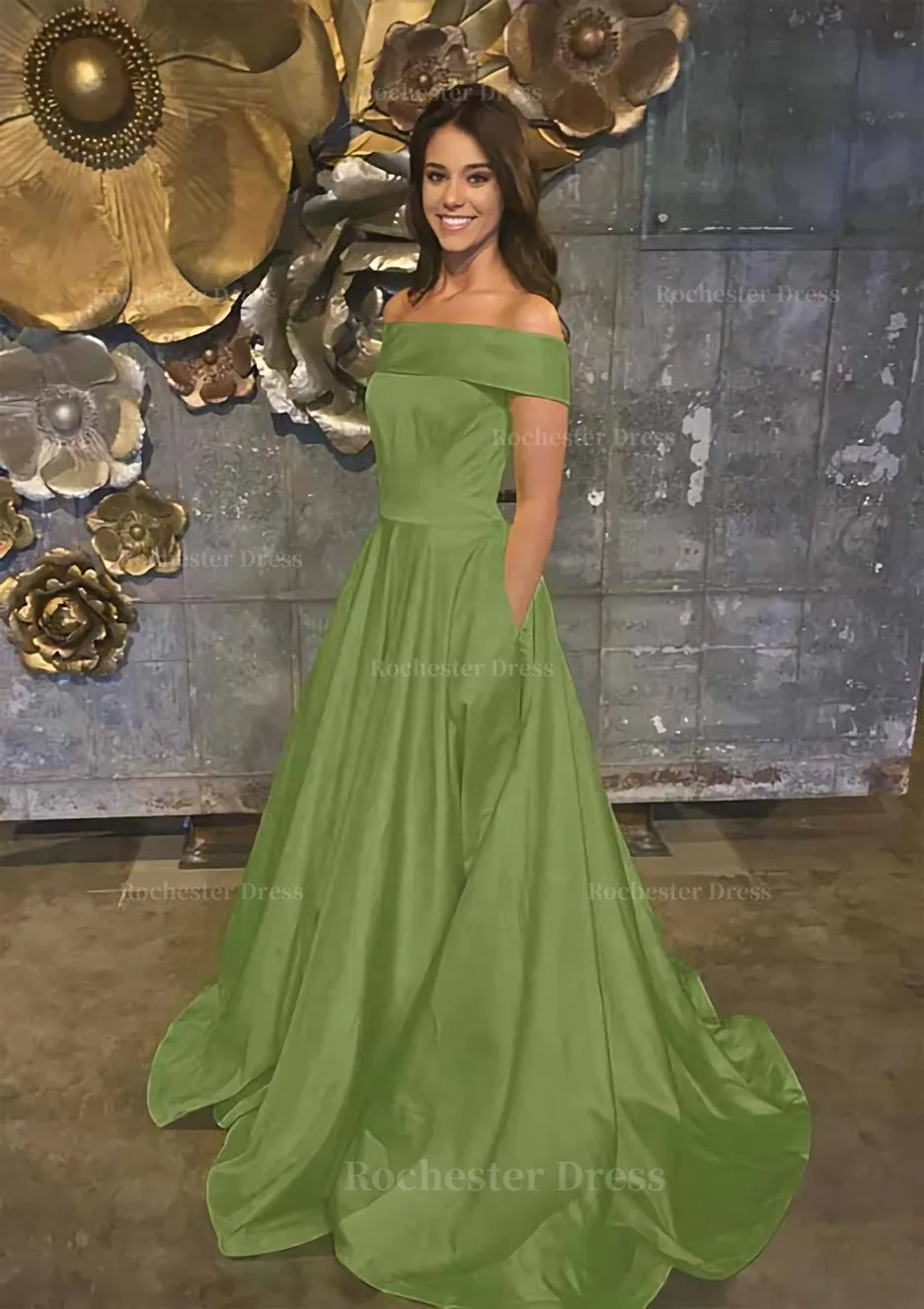 A-line/Princess Off-the-Shoulder Sleeveless Sweep Train Satin Prom Dress With Low Back