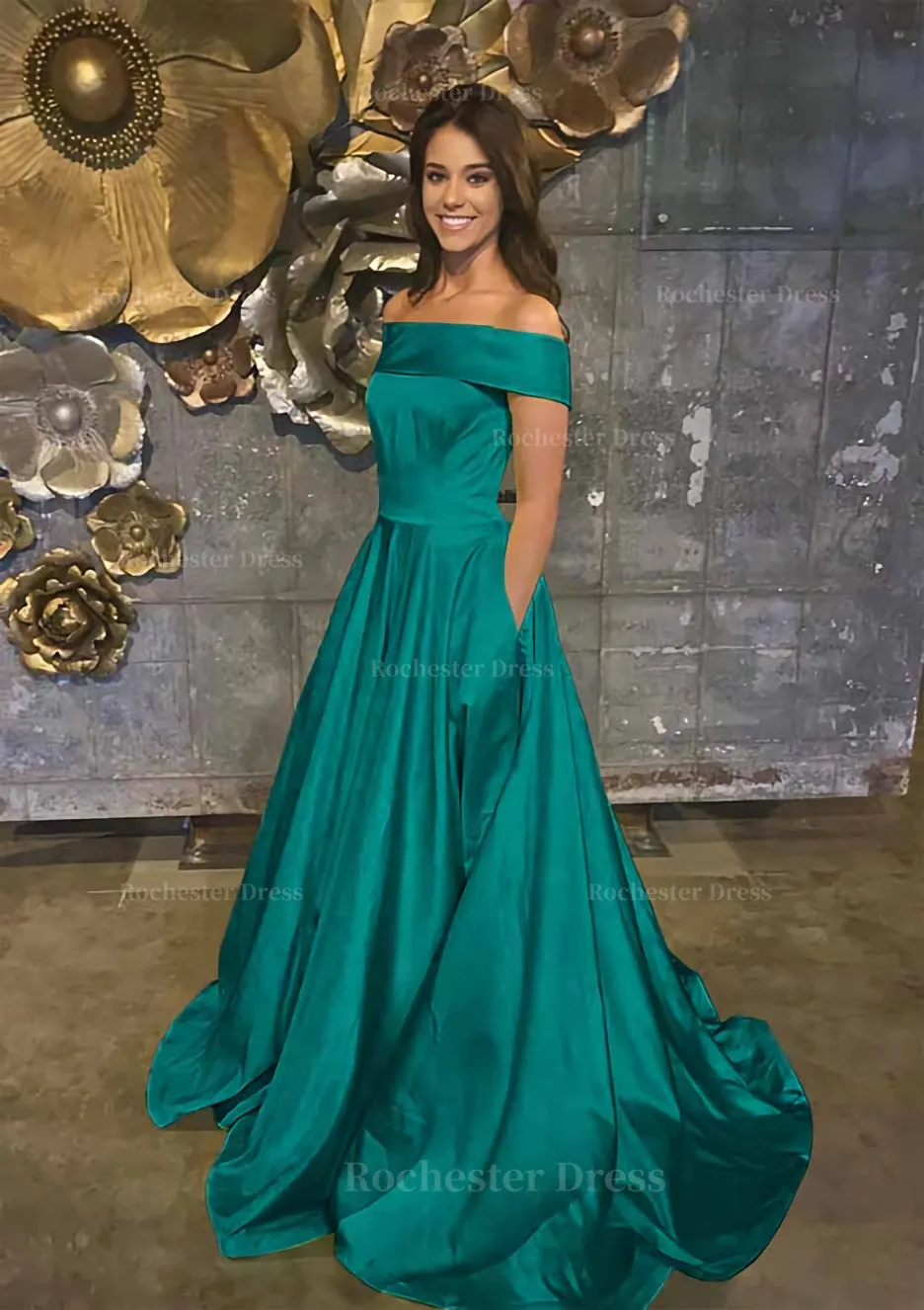 A-line/Princess Off-the-Shoulder Sleeveless Sweep Train Satin Prom Dress With Low Back