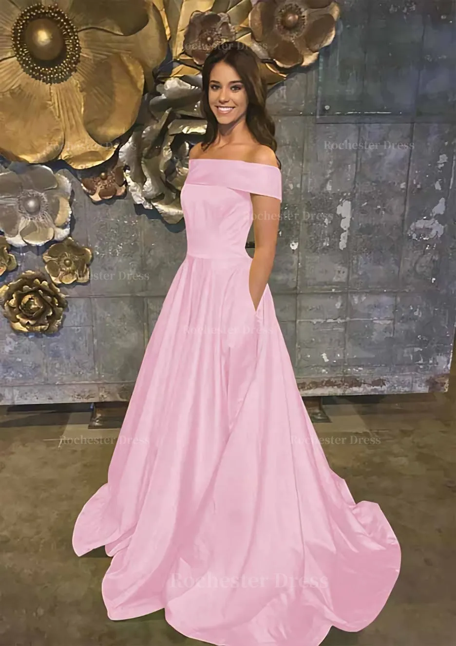 A-line/Princess Off-the-Shoulder Sleeveless Sweep Train Satin Prom Dress With Low Back