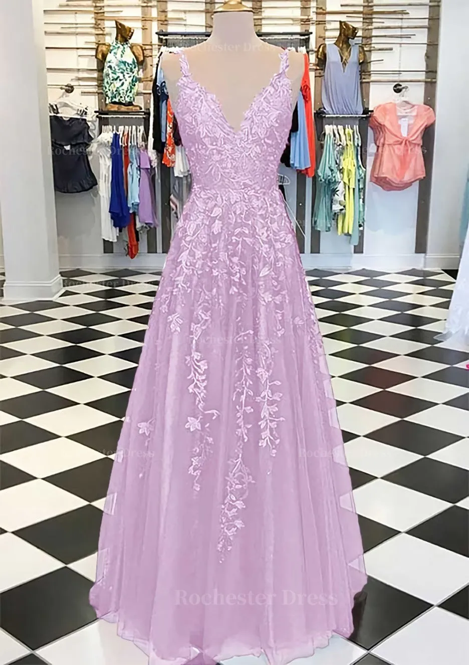 A-line/Princess V Neck Sleeveless Long/Floor-Length Tulle Prom Dress With Appliqued