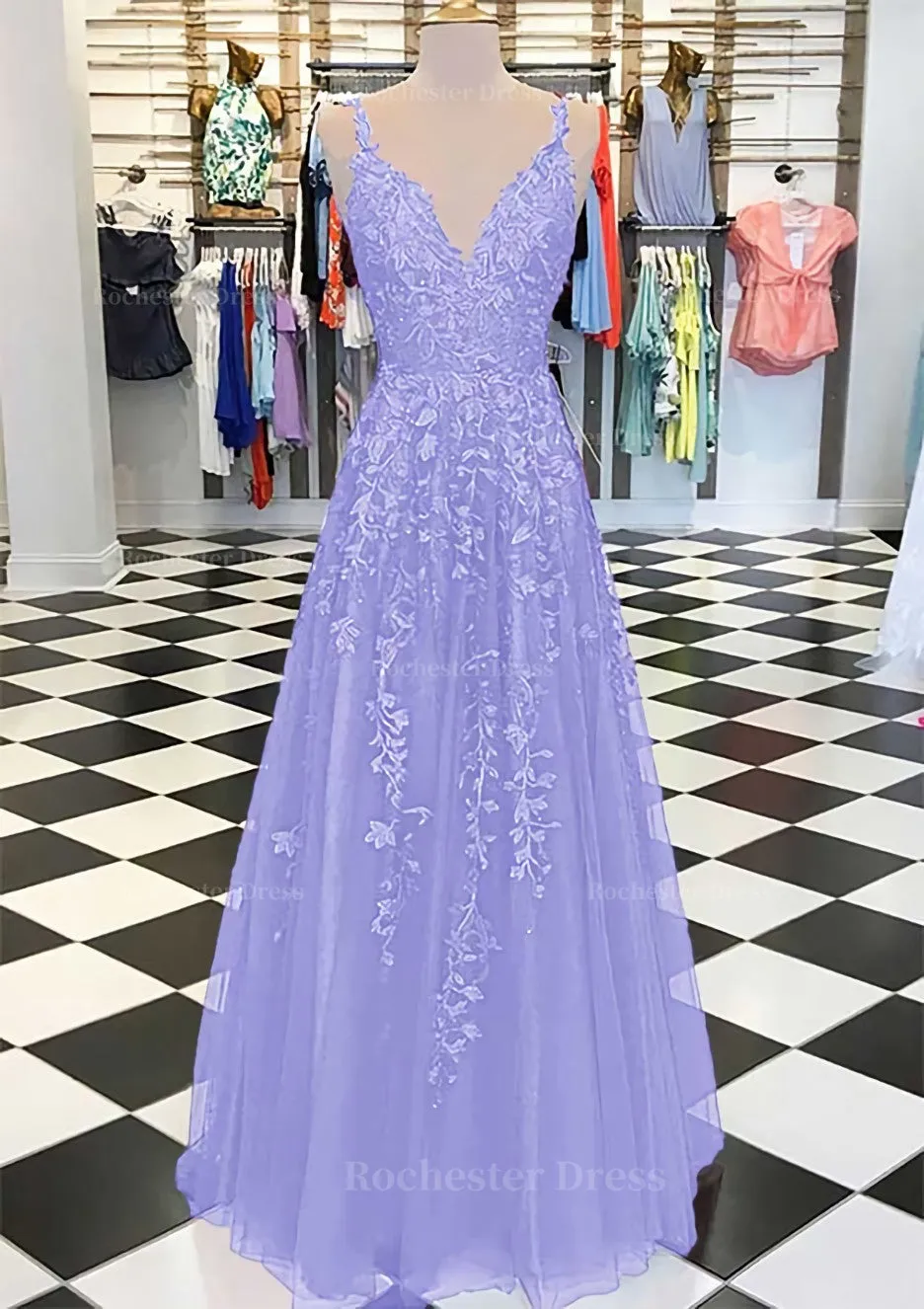 A-line/Princess V Neck Sleeveless Long/Floor-Length Tulle Prom Dress With Appliqued