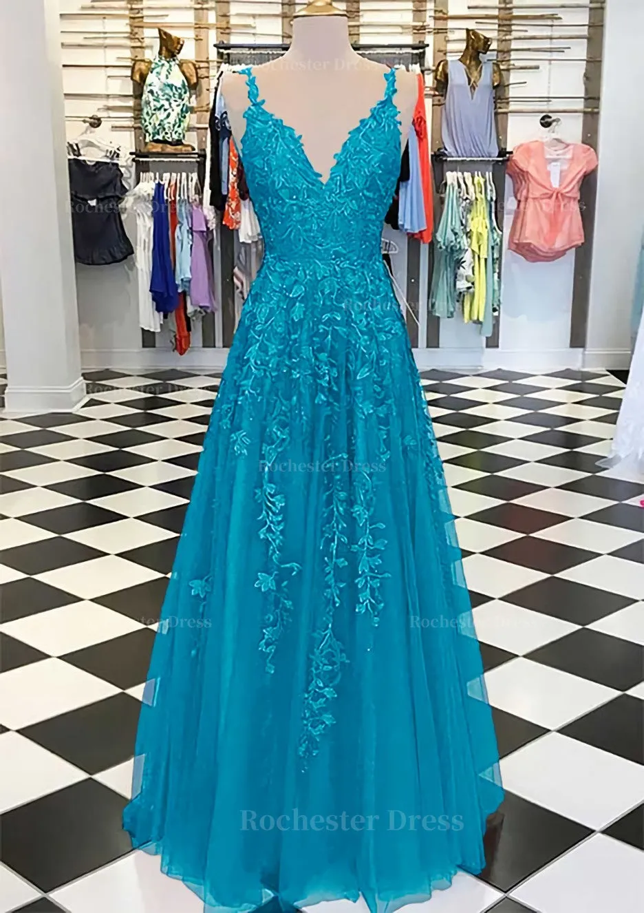 A-line/Princess V Neck Sleeveless Long/Floor-Length Tulle Prom Dress With Appliqued