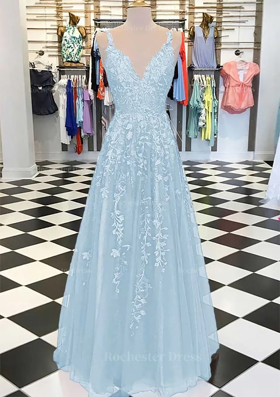 A-line/Princess V Neck Sleeveless Long/Floor-Length Tulle Prom Dress With Appliqued