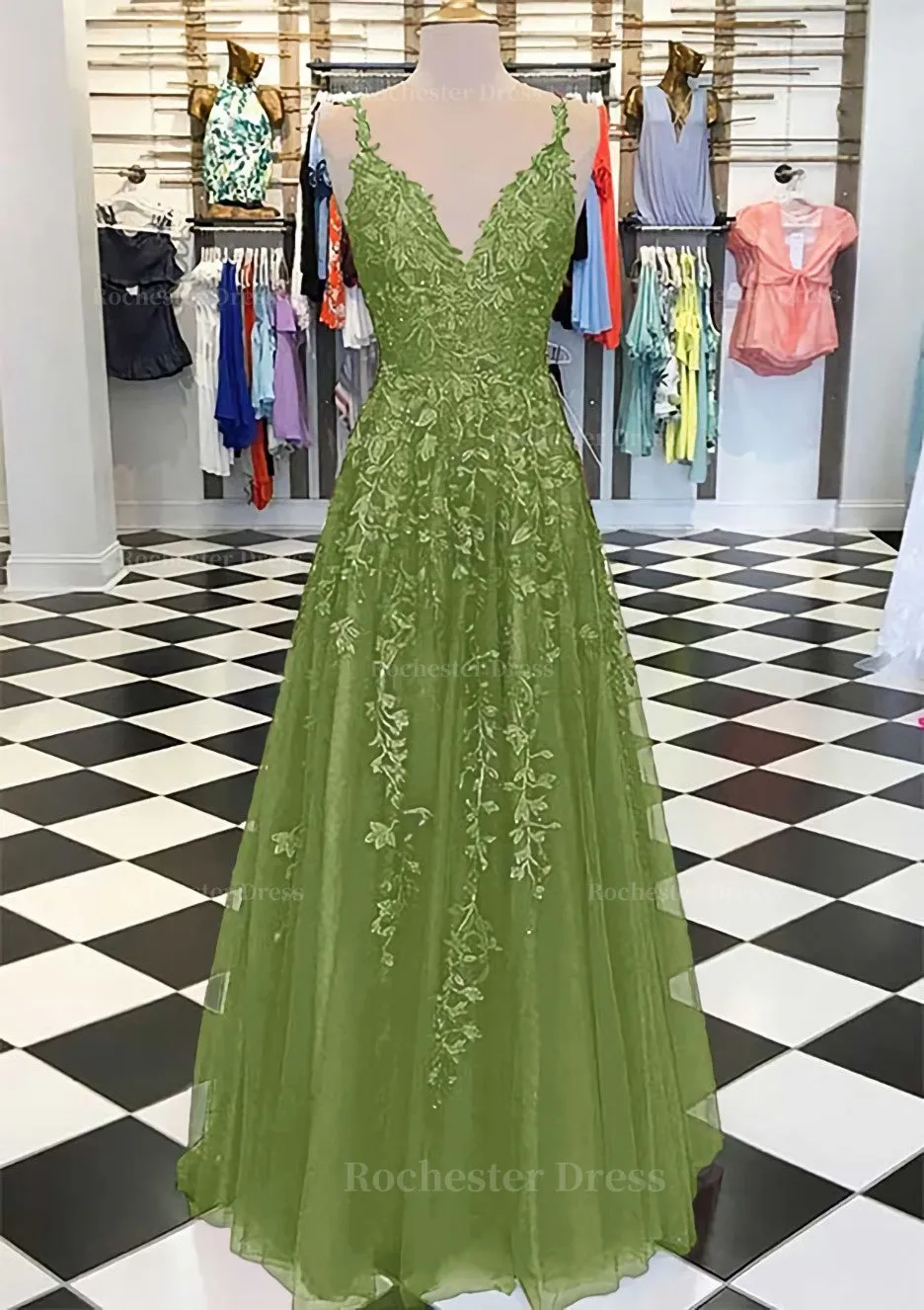 A-line/Princess V Neck Sleeveless Long/Floor-Length Tulle Prom Dress With Appliqued