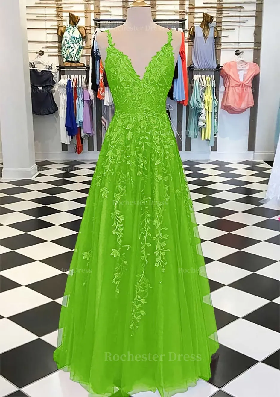 A-line/Princess V Neck Sleeveless Long/Floor-Length Tulle Prom Dress With Appliqued