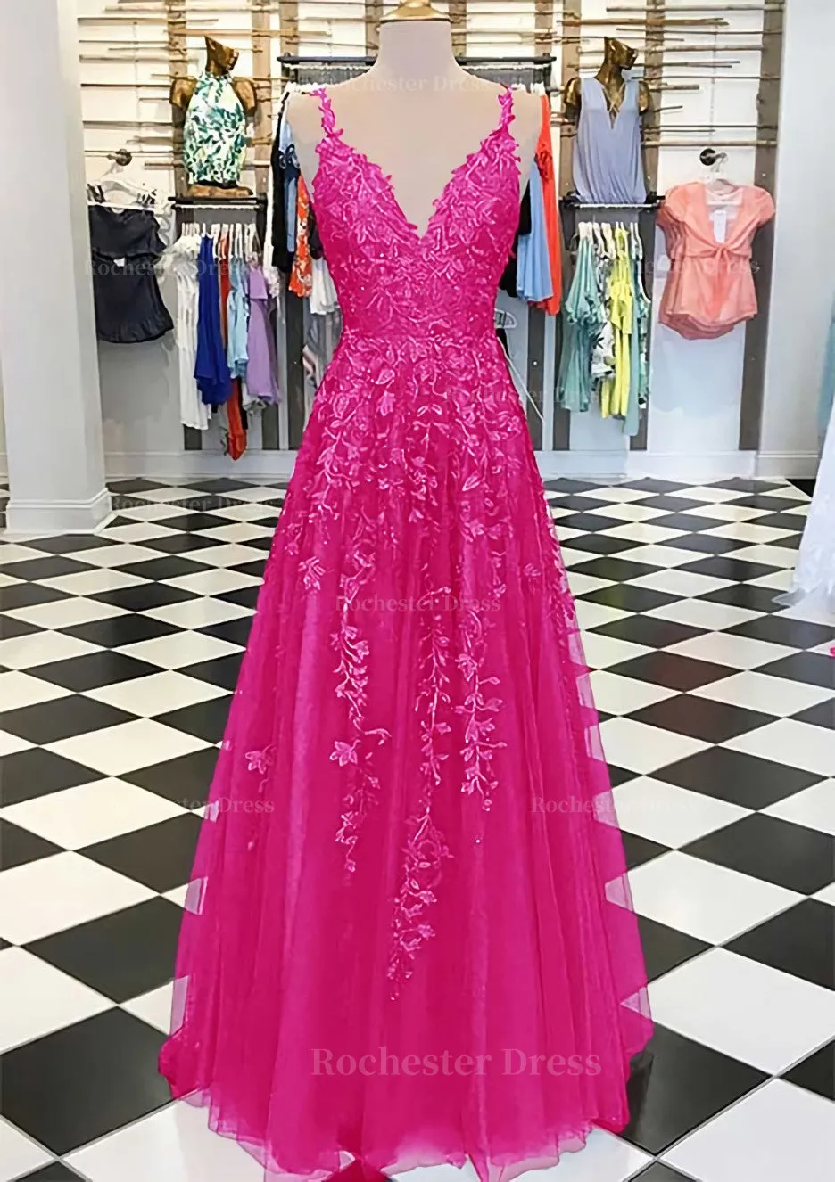 A-line/Princess V Neck Sleeveless Long/Floor-Length Tulle Prom Dress With Appliqued