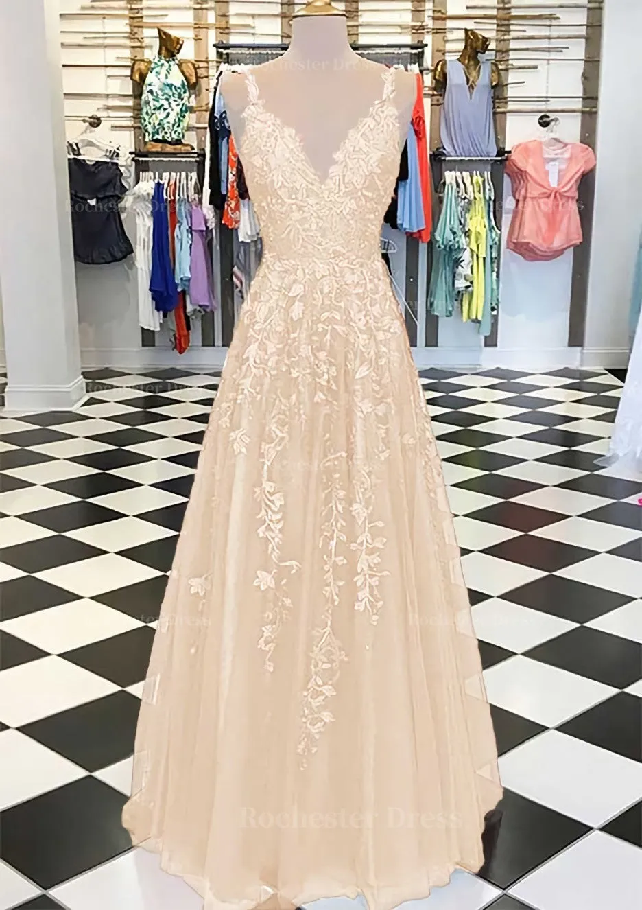 A-line/Princess V Neck Sleeveless Long/Floor-Length Tulle Prom Dress With Appliqued