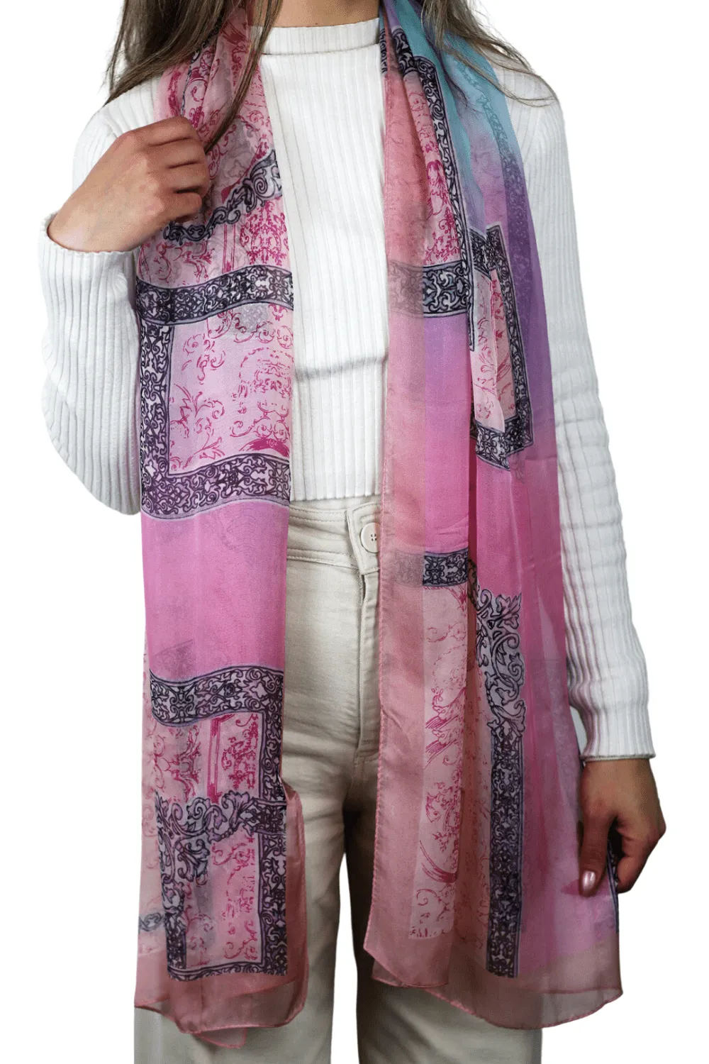 Abstract Print 100% Silk Scarf - Pink