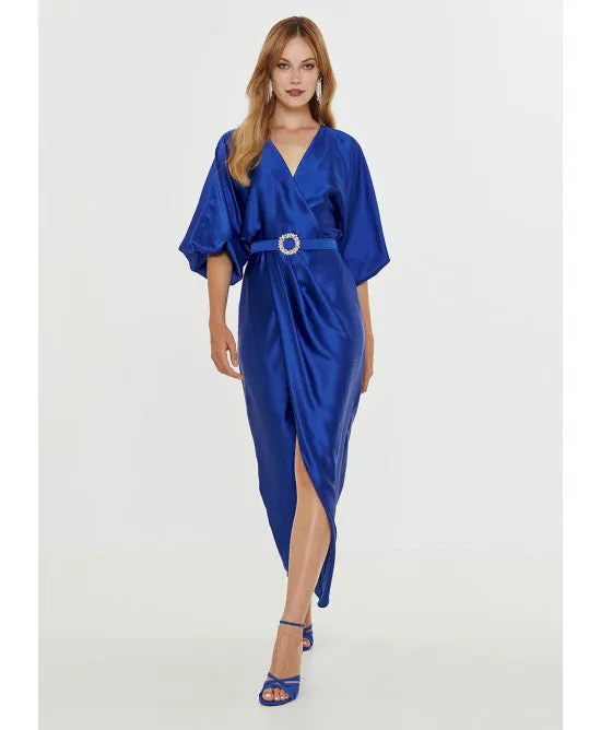 Access Royal Blue Satin Wrap Draped Dress