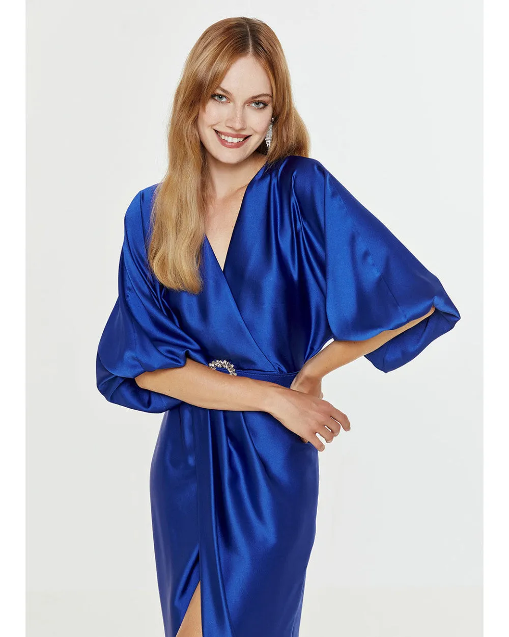 Access Royal Blue Satin Wrap Draped Dress