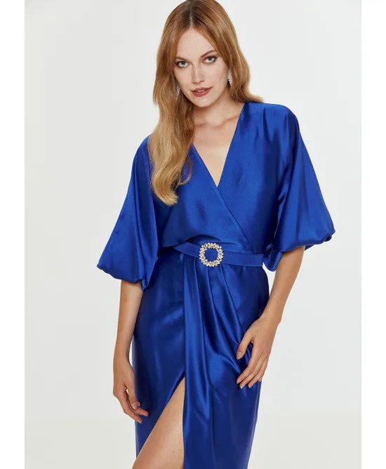 Access Royal Blue Satin Wrap Draped Dress