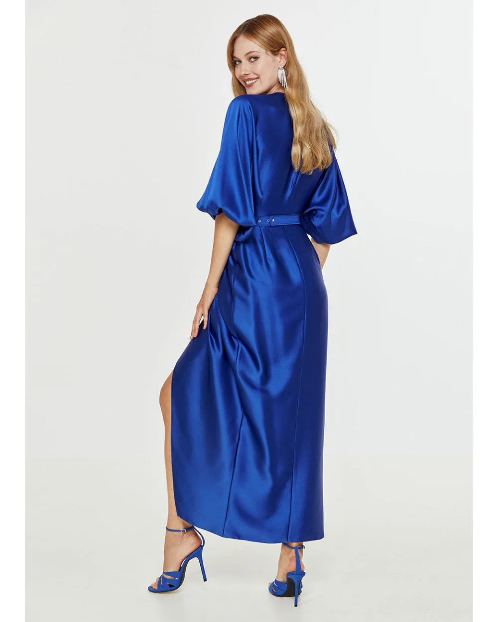 Access Royal Blue Satin Wrap Draped Dress