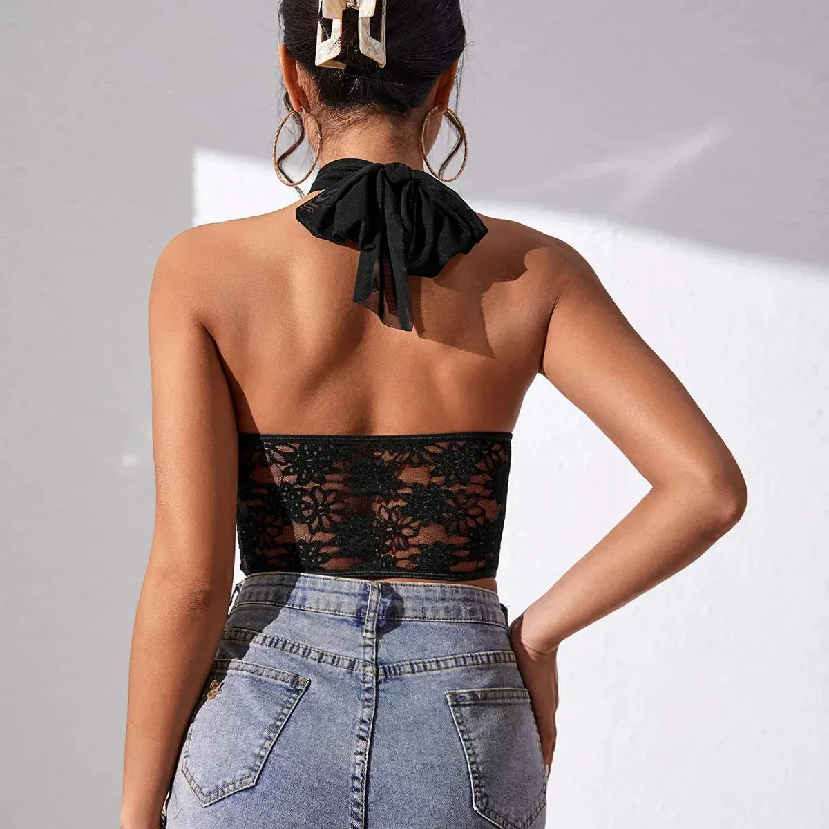 Advbridge-Sexy Lace Halter Crop Top Camisole Stitching Tank Top Bustier Women Sleeveless Lingerie Tube Tops Ladies Slim Corset Vest Summer