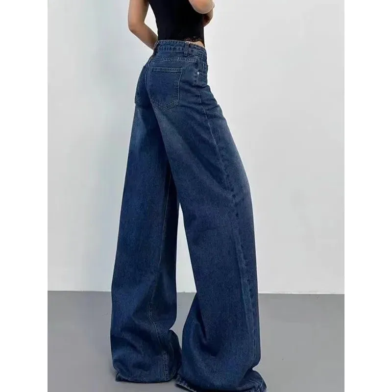 Aiertu Blue Womens Jeans High Waist Vintage Straight Summer Plus Size Y2K Denim Pants Streetwear American Baggy Wide Leg Denim Trouser