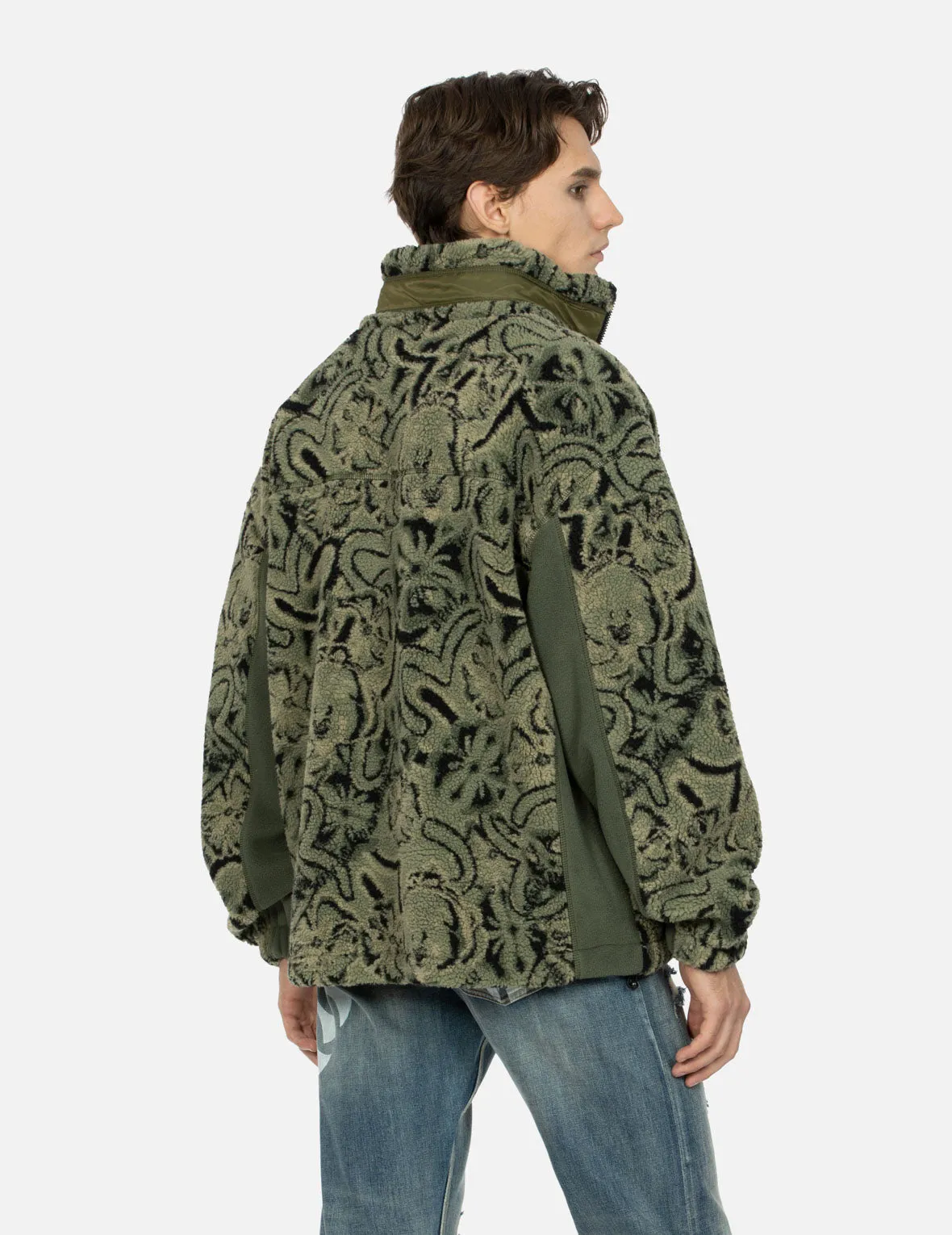 Allover Seagull and Kamon Jacquard Loose Fit Sherpa Jacket