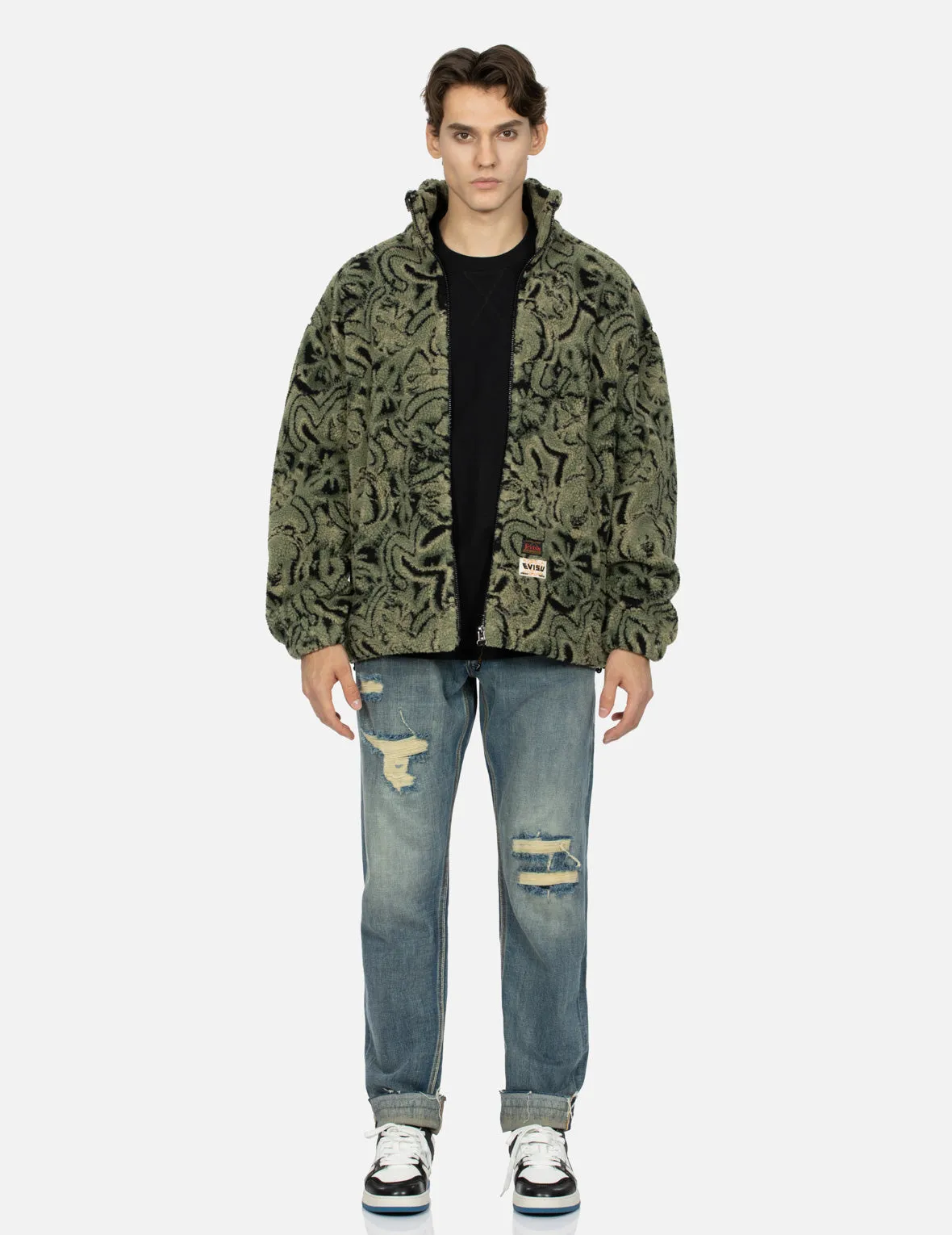 Allover Seagull and Kamon Jacquard Loose Fit Sherpa Jacket