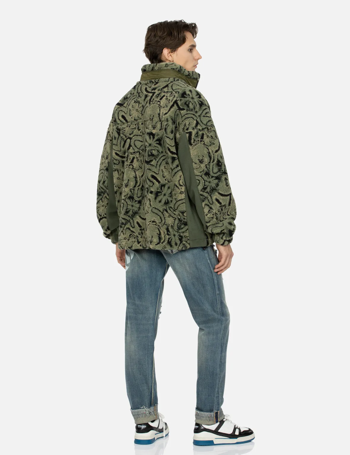 Allover Seagull and Kamon Jacquard Loose Fit Sherpa Jacket