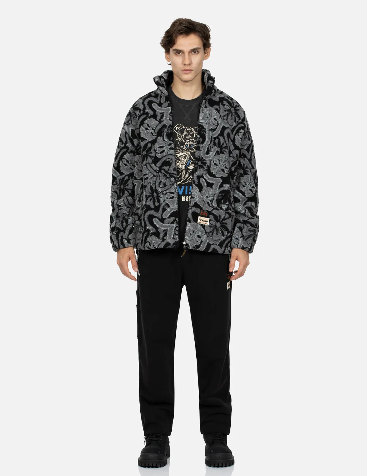 Allover Seagull and Kamon Jacquard Loose Fit Sherpa Jacket