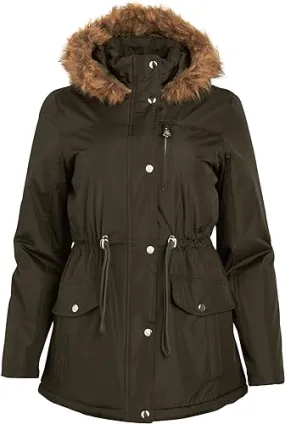 Anorak Long Length Jacket with Faux-Fur Trim Hood Forest