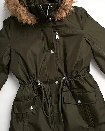 Anorak Long Length Jacket with Faux-Fur Trim Hood Forest