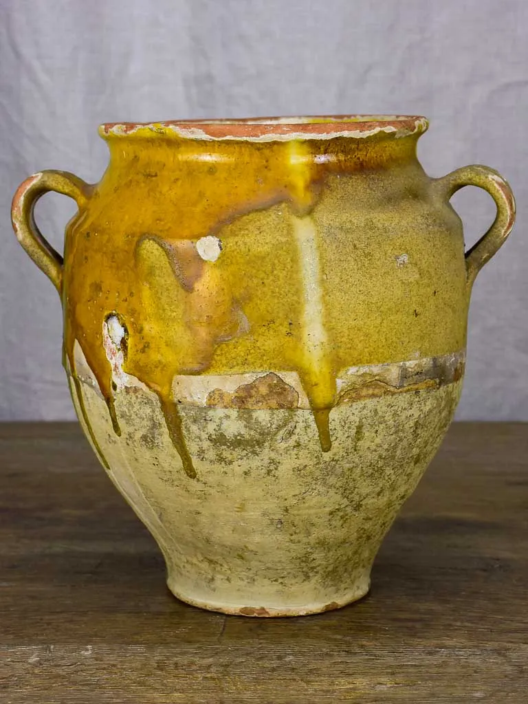 Antique French confit pot with yellow and green glaze 10¾"