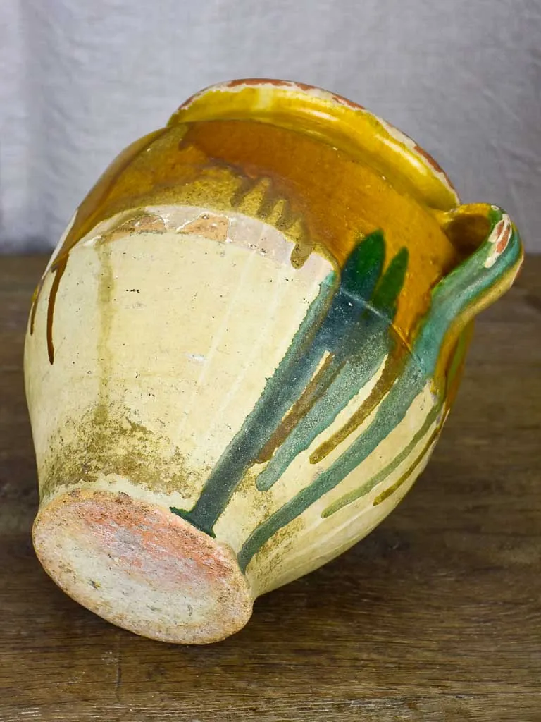 Antique French confit pot with yellow and green glaze 10¾"