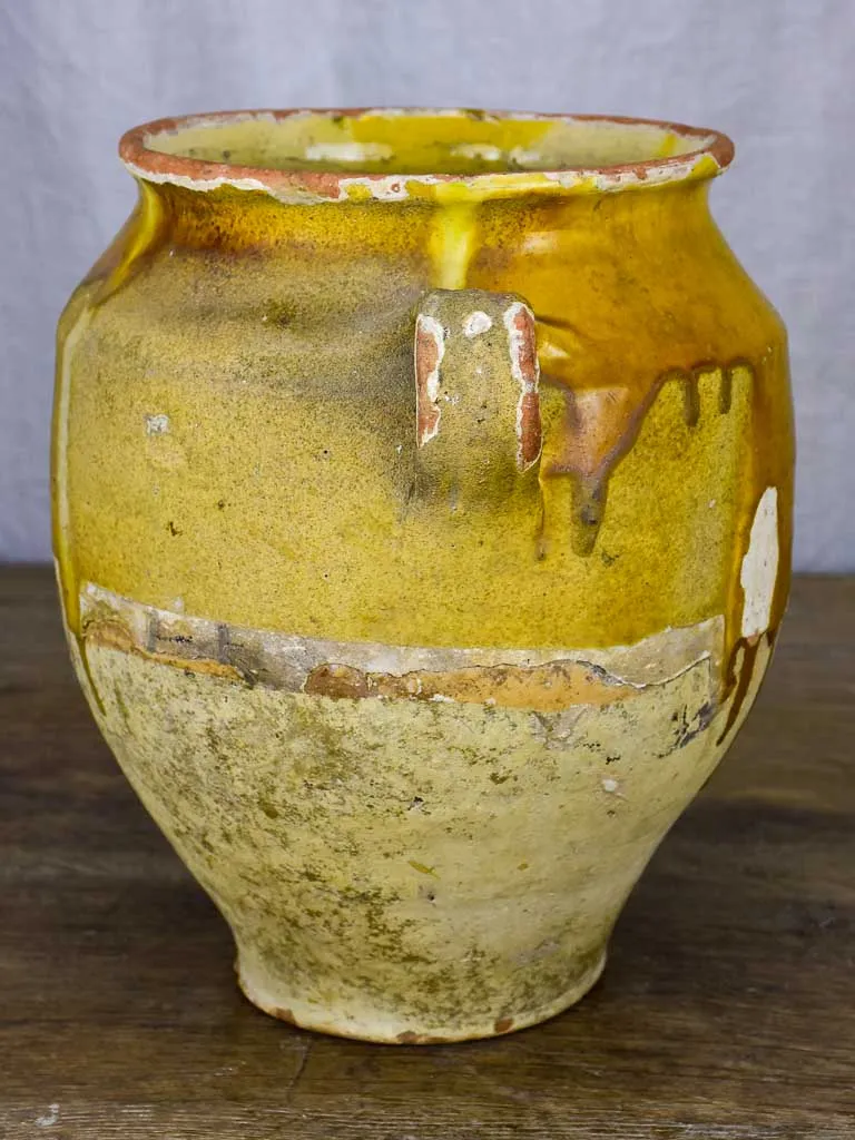 Antique French confit pot with yellow and green glaze 10¾"