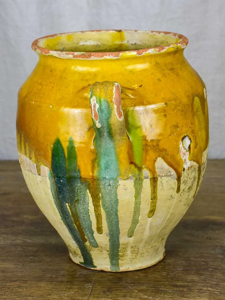 Antique French confit pot with yellow and green glaze 10¾"