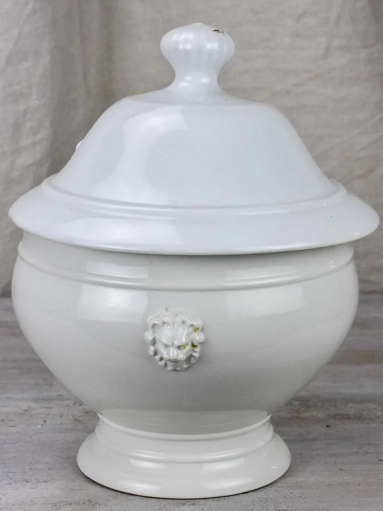 Antique French soup tureen with lion's heads - white