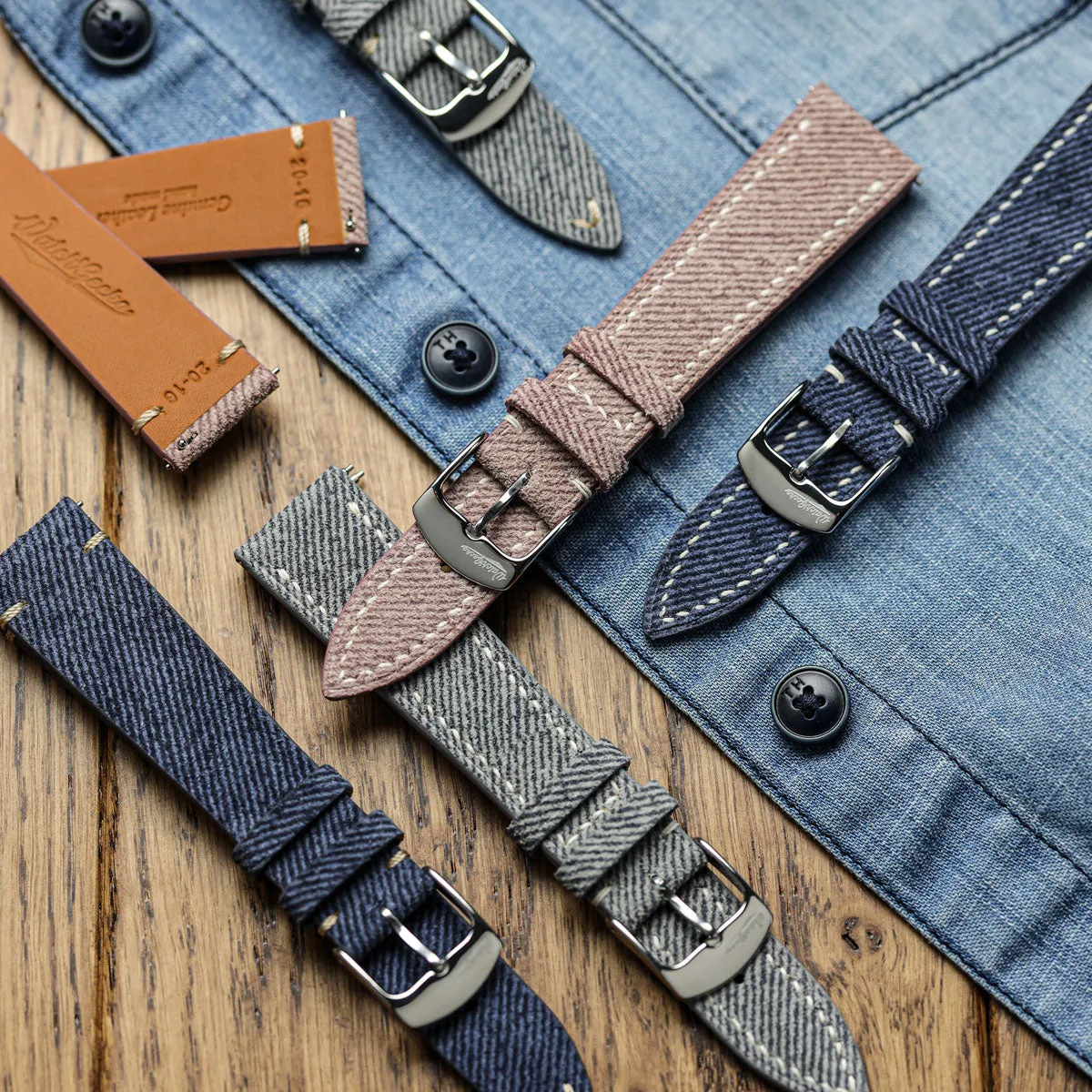 Arbour V-Stitch Denim Design Genuine Leather Watch Strap - Grey