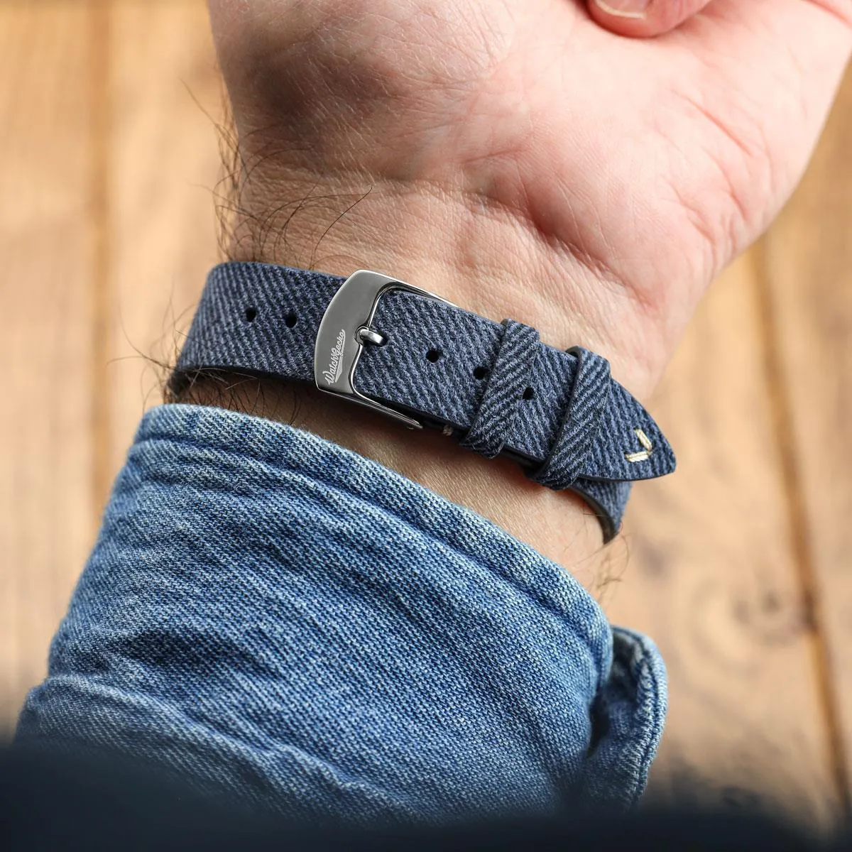 Arbour V-Stitch Denim Design Genuine Leather Watch Strap - Navy Blue