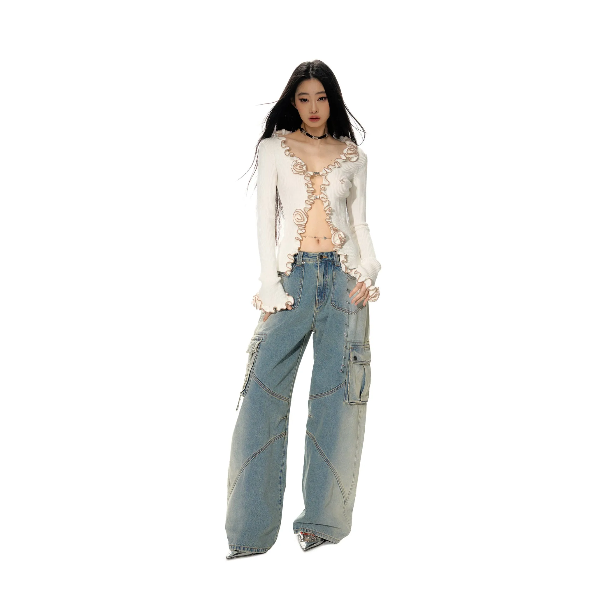 Arc Aesthetic Loose Scimitar Shape Pockets Denim Jeans