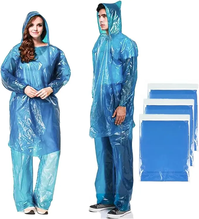 AuRiver 3 Sets Disposable Rain Ponchos with Pants, Waterproof Ponchos Adults, Light Weight Rain with Hood Women Men, Thickened Rain Poncho with Pants