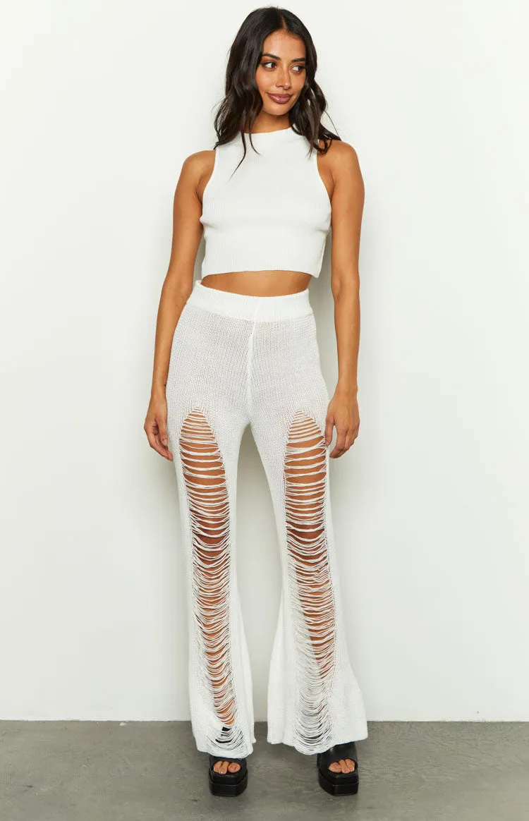 Aviva White Ladder Knit Flare Pants