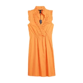 B528 Women cotton V neck sleeveless ruffle detail straight hem mini dress