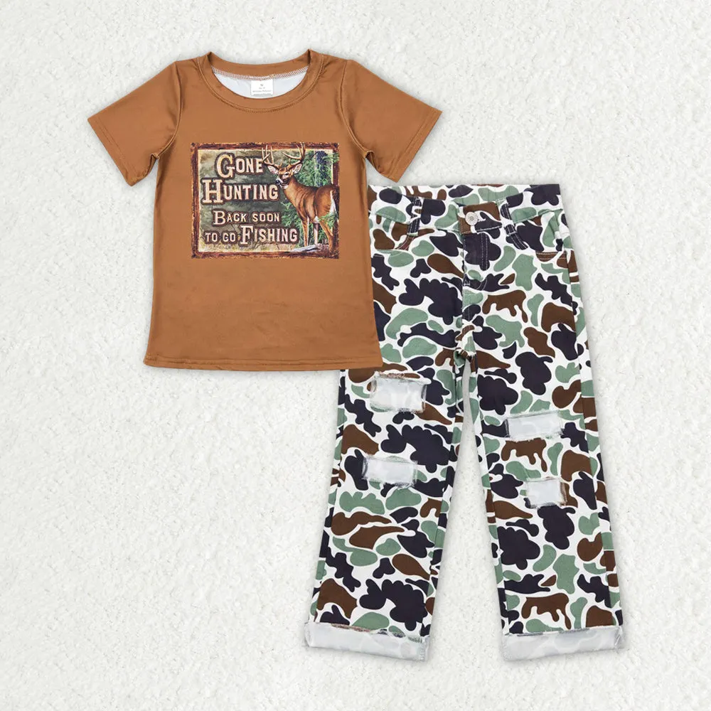 Baby Boys Clothes Brown Hunting Deer Shirt Top Camo Denim Jeans Sets BSPO0396