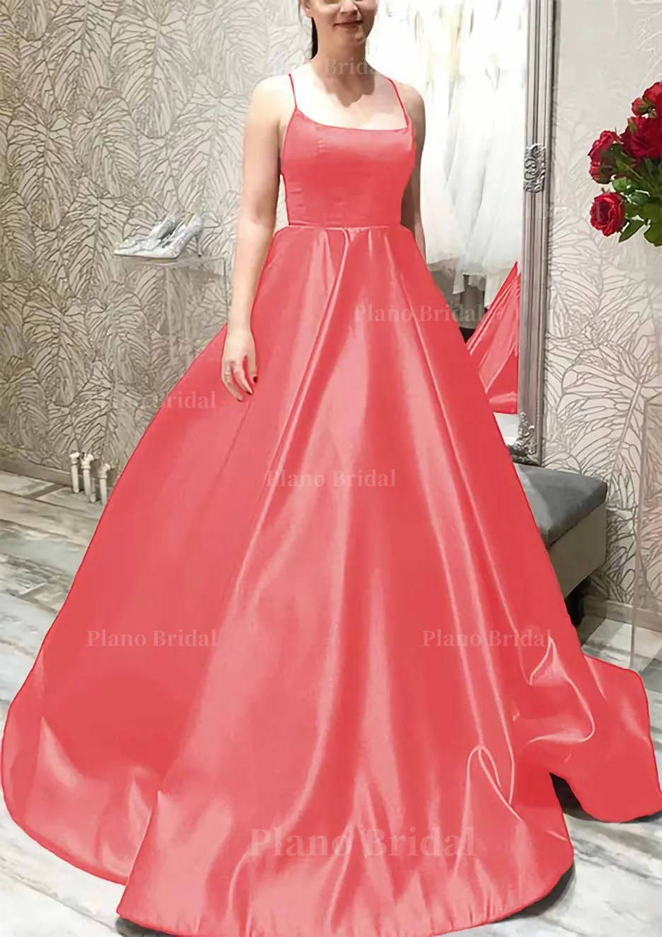 Ball Gown A-line Square Neckline Spaghetti Straps Sweep Train Satin Prom Dress With Pleated Pockets