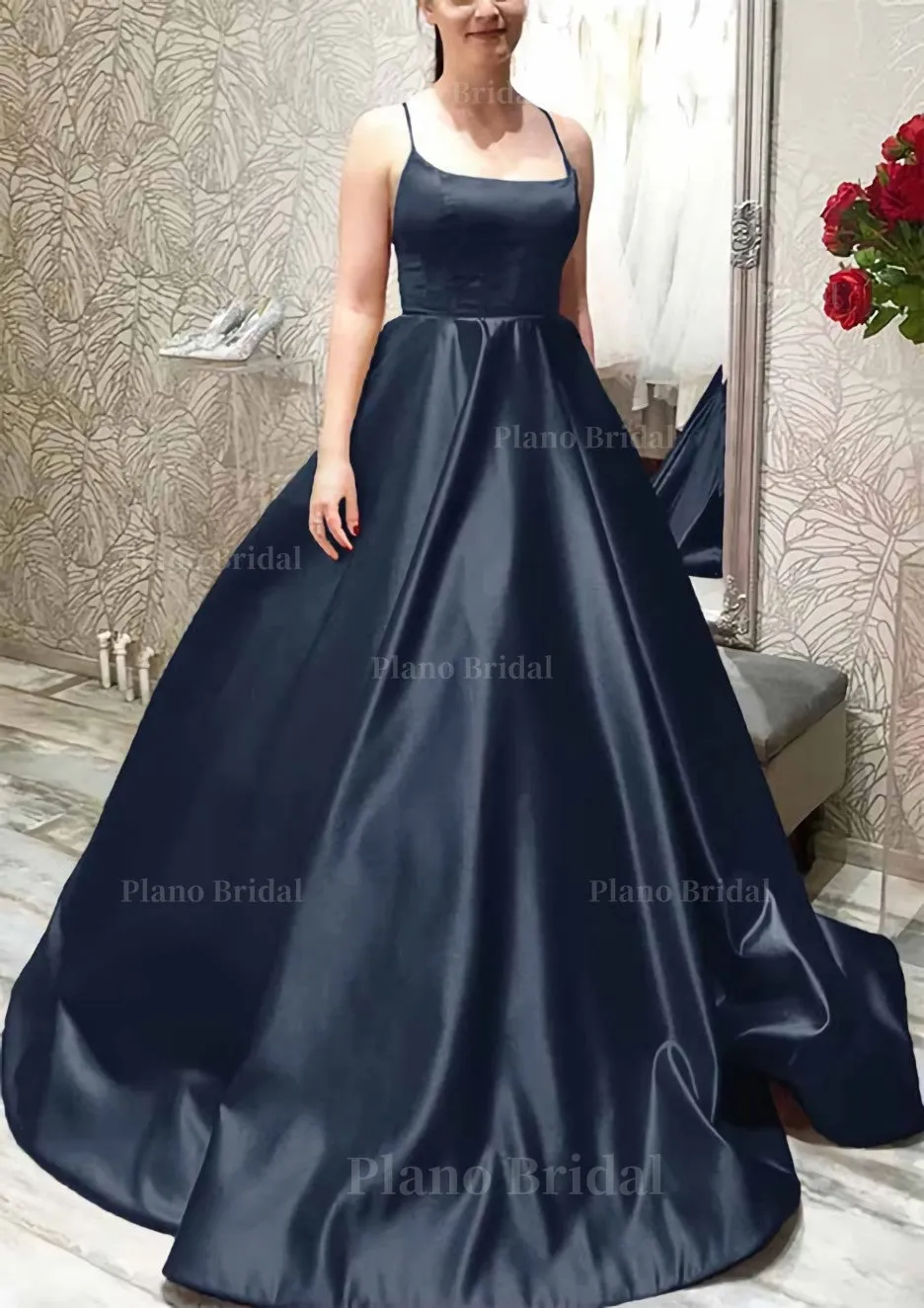 Ball Gown A-line Square Neckline Spaghetti Straps Sweep Train Satin Prom Dress With Pleated Pockets